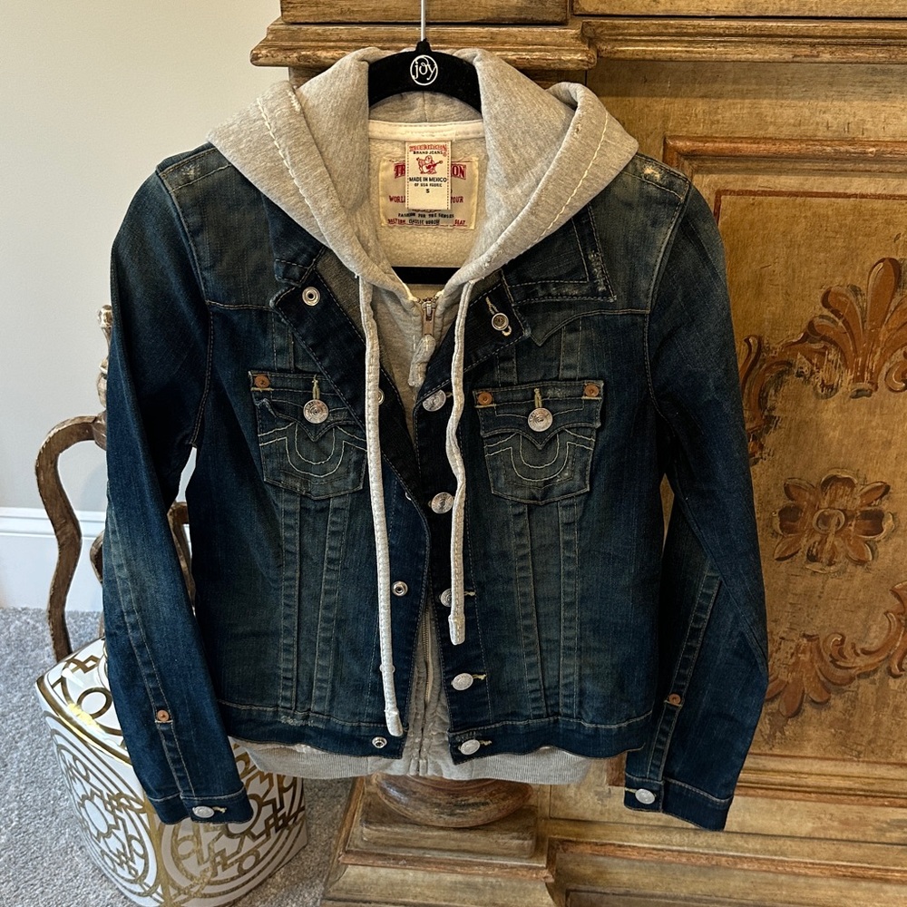 True Religion Blue Denim Jacket with Gray Hoodie